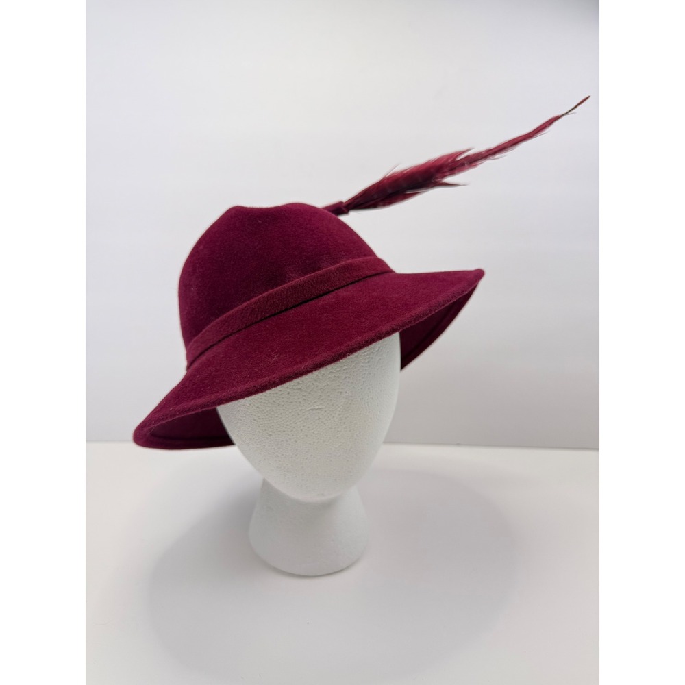 Vintage Fabini New York Burgundy Velour Felt Cloche Hat with Feather Accent